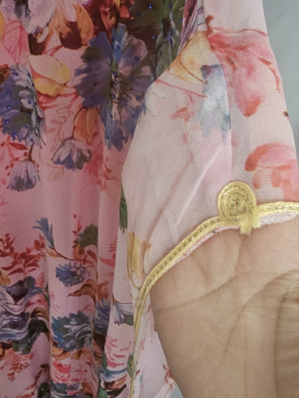 Silk Chiffon Pink Floral Maxi Caftan with Gold Crochet V-Neck - Picture 7 of 10
